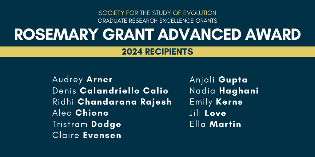 Text: Society for the Study of Evolution Graduate Research Excellence Grants Rosemary Grant Advanced Award 2024 Recipients: Audrey Arner, Denis Calandriello Calio, Ridhi Chandarana Rajesh, Alec Chiono, Tristram Dodge, Claire Evensen, Anjali Gupta, Nadia Haghani, Emily Kerns, Jill Love, and Ella Martin.