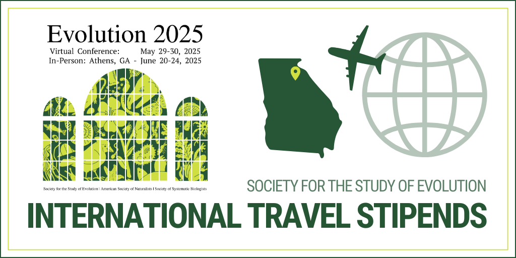 Evolution 2025 logo. A plane traveling from a globe toward a silhouette of Georgia with a pin over Athens. Text: Society for the Study of Evolution International Travel Stipends.