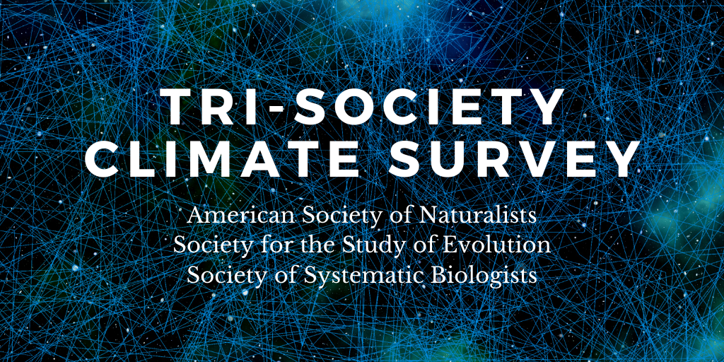 The words Tri-Society Climate Survey in white on a dark background of interconnected blue points and lines forming a network that looks a bit like the night sky